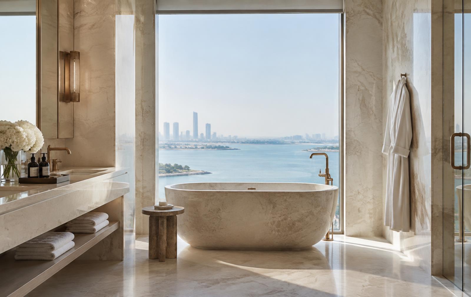 Stone bathroom with an open Gulf view