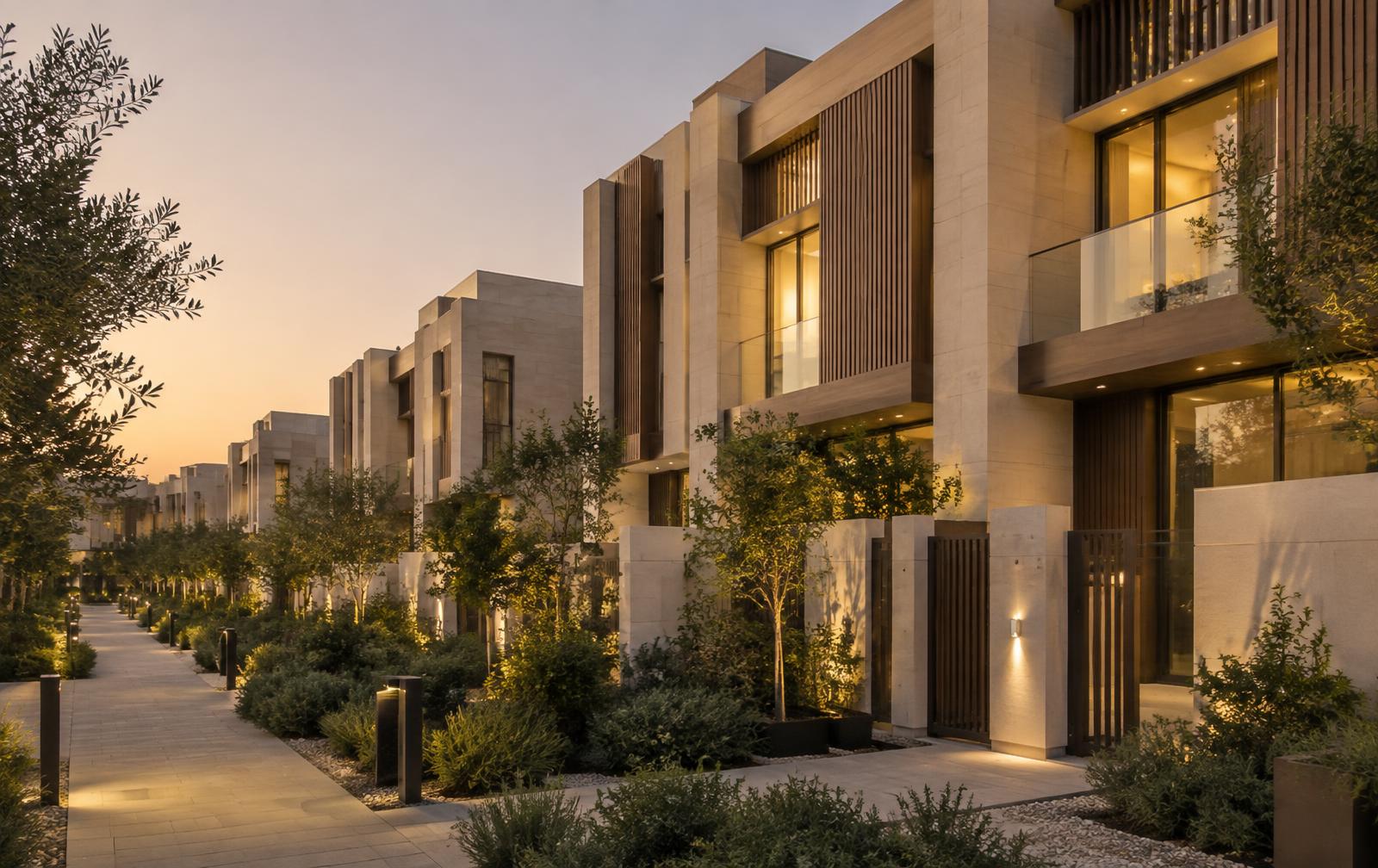Townhouse terraces in a new master plan