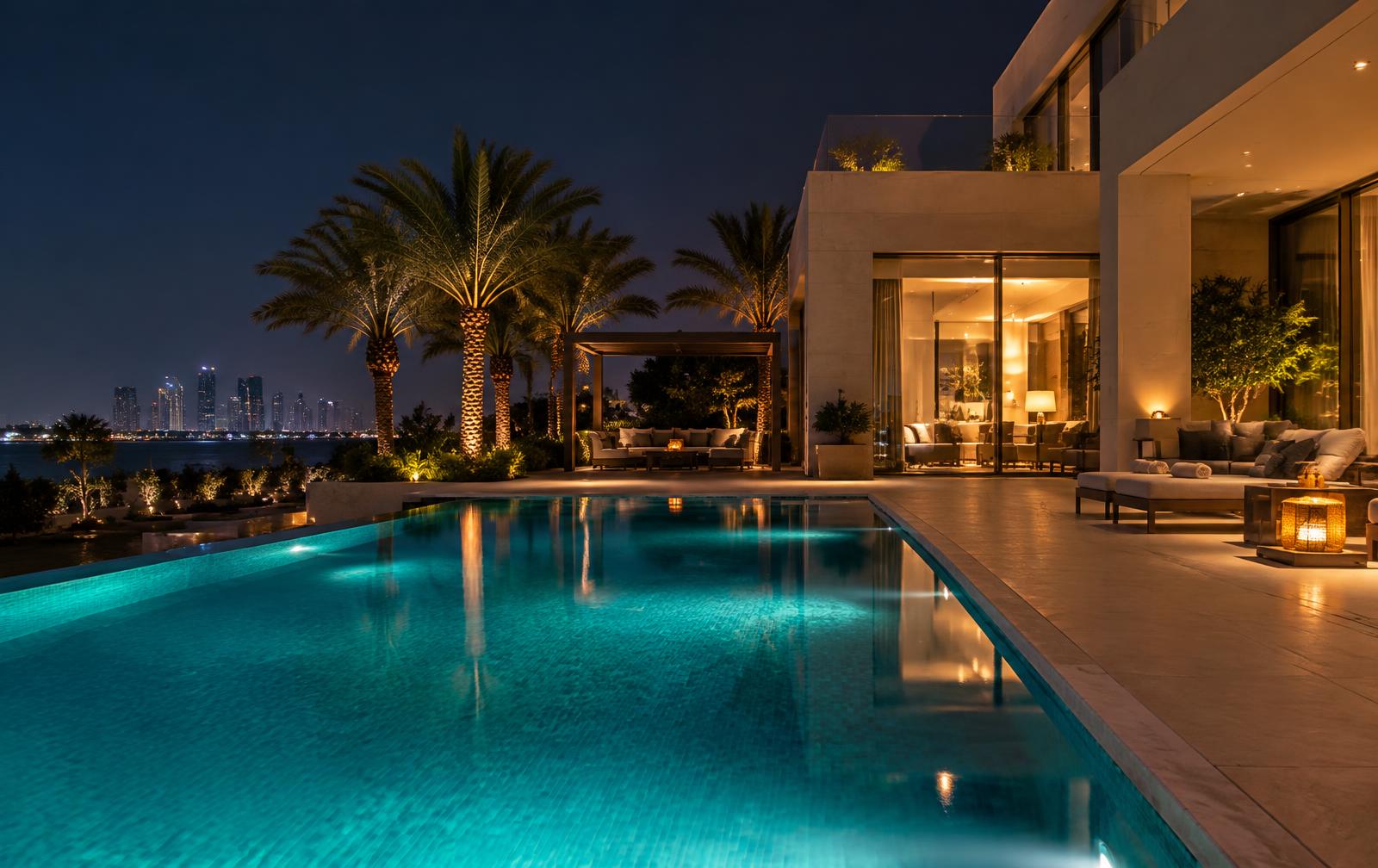 Villa pool terrace after dark